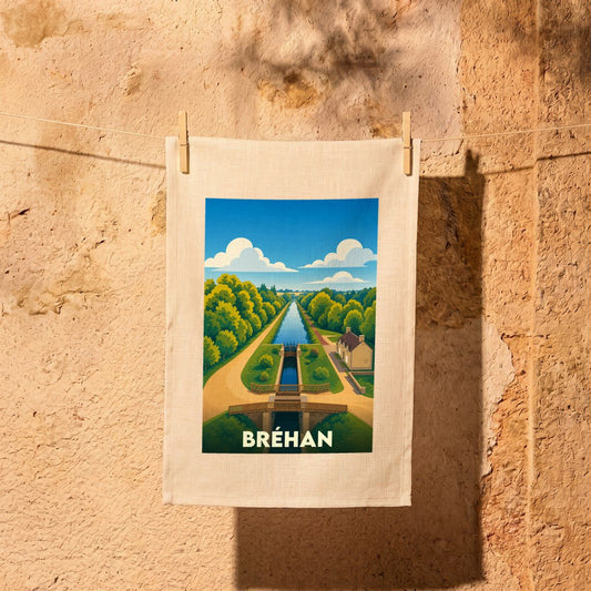 Torchon souvenir de la ville de Bréhan illustrant un canal et son écluse dans un style graphique épuré.