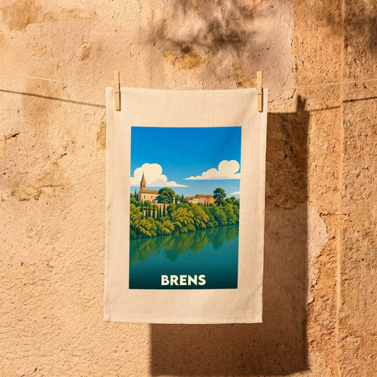 Torchon souvenir de la ville de Brens avec une illustration stylisée d'un paysage fluvial.