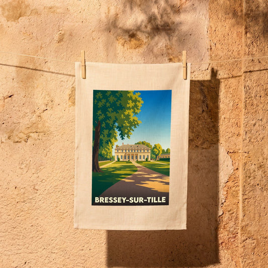 Torchon souvenir de la ville de Bressey-sur-Tille avec une illustration stylisée de son château.