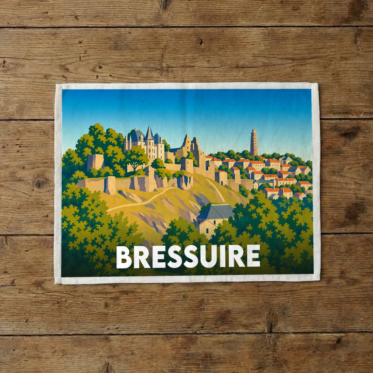 Torchon souvenir de la ville de Bressuire avec une illustration stylisée de son paysage et de son château.
