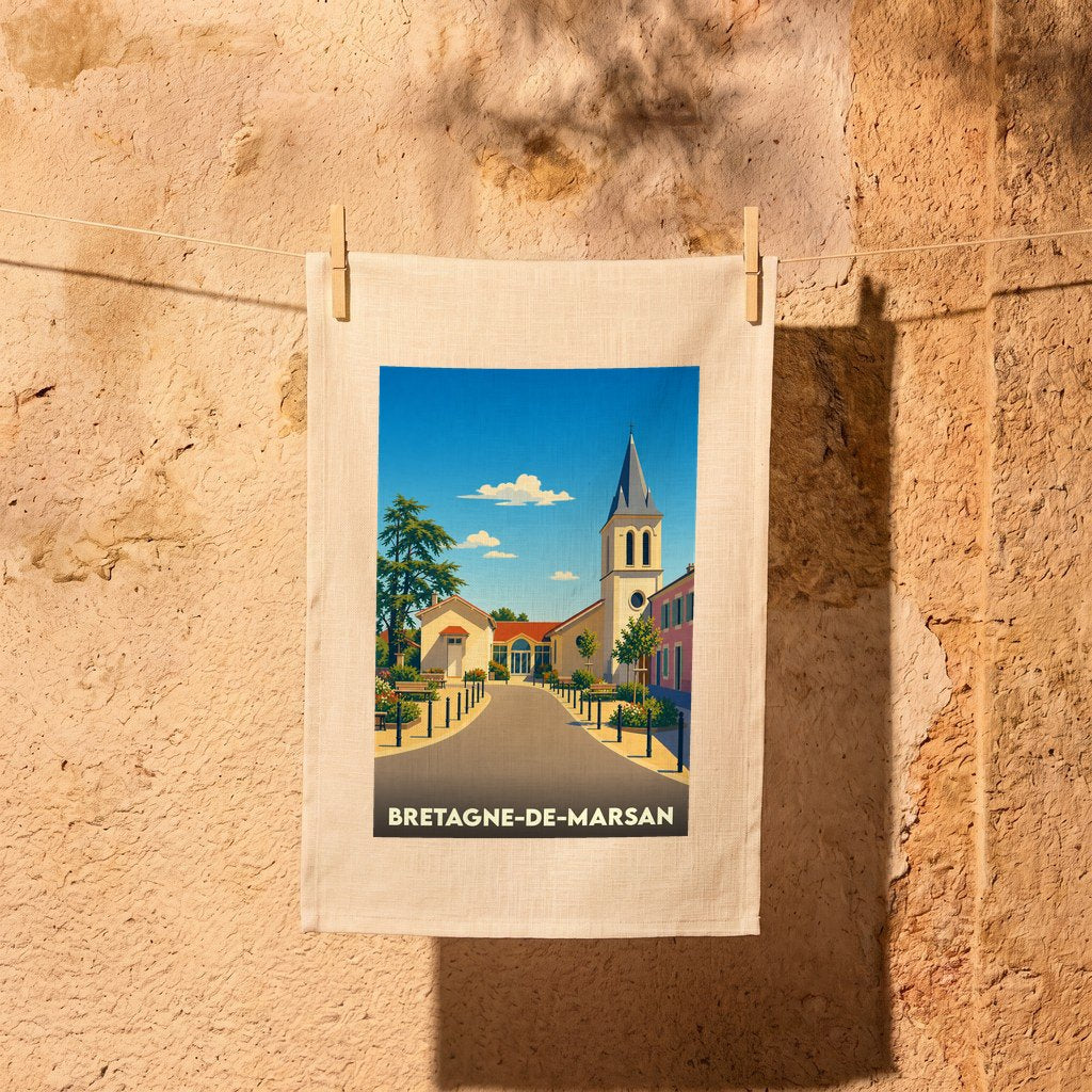 Torchon souvenir de la ville de Bretagne-de-Marsan illustré d'un paysage urbain stylisé.