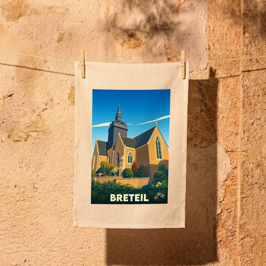 Torchon souvenir de la ville de Breteil illustrant son église dans un style graphique épuré.