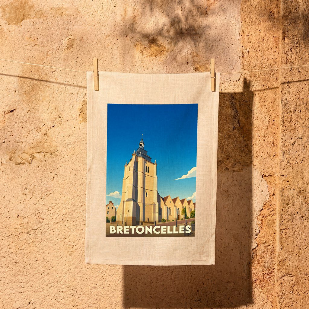 Torchon souvenir de la ville de Bretoncelles avec une illustration stylisée de son église.