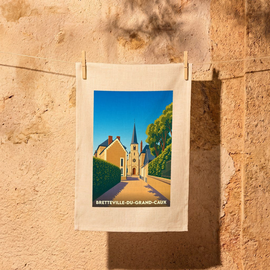 Torchon souvenir de la ville de Bretteville-du-Grand-Caux avec une illustration stylisée.