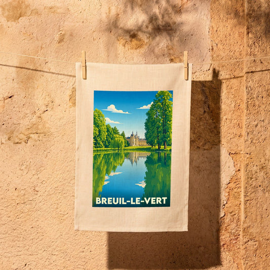 Torchon souvenir de la ville de Breuil-le-Vert avec une illustration stylisée d'un château se reflétant dans l'eau.