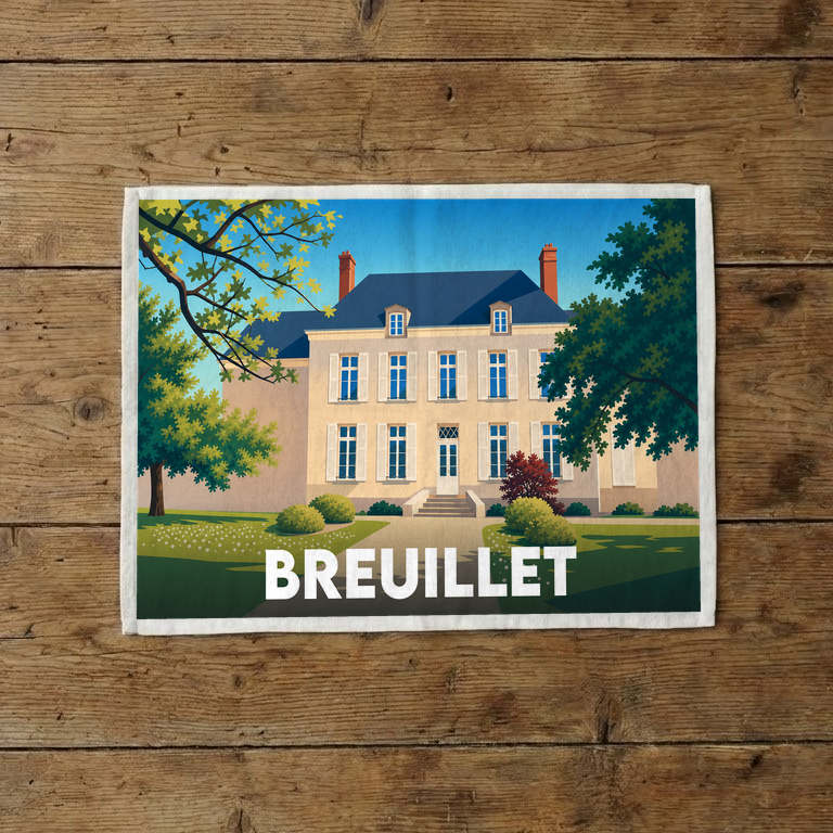 Torchon souvenir de la ville de Breuillet orné d'une illustration stylisée de sa mairie.