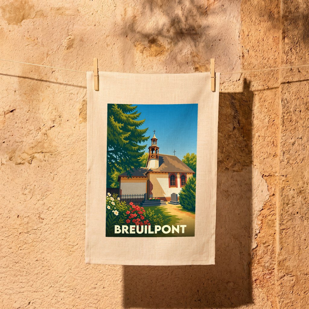 Torchon souvenir de la ville de Breuilpont avec une illustration stylisée d'une église de campagne.