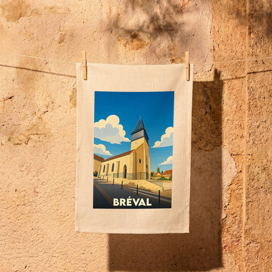 Torchon souvenir de la ville de Bréval avec une illustration stylisée de son église.