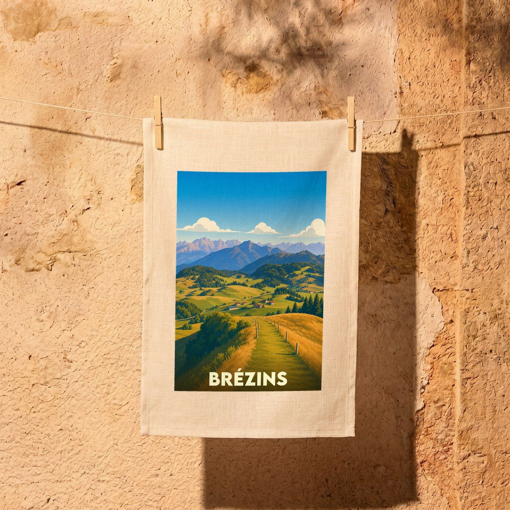 Torchon souvenir de la ville de Brézins avec une illustration de paysages montagneux.