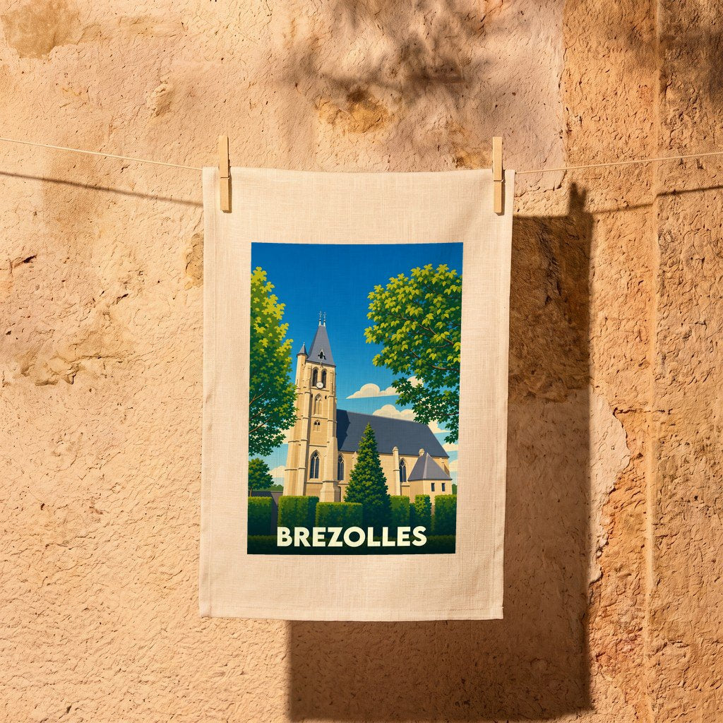 Torchon souvenir de la ville de Brezolles avec une illustration stylisée de son église.