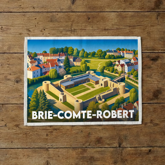 Torchon souvenir de la ville de Brie-Comte-Robert avec une illustration stylisée.