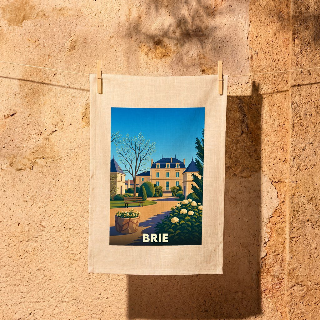 Torchon souvenir de la ville de Brie avec une illustration stylisée d'un château et de ses jardins.