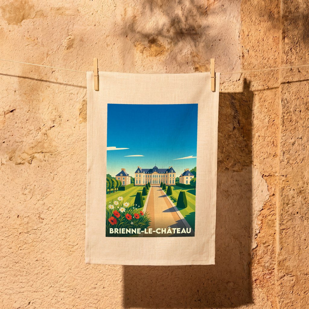 Torchon souvenir de Brienne-le-Château avec une illustration stylisée de son château et de ses jardins.