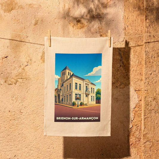 Torchon souvenir de la ville de Brienon-sur-Armançon avec une illustration stylisée de son hôtel de ville.
