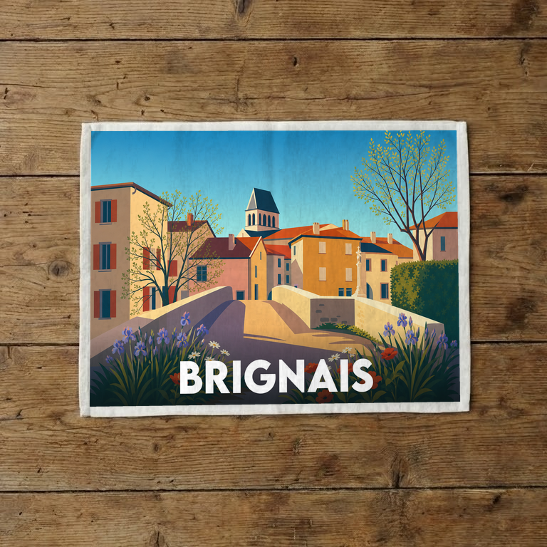 Torchon souvenir de la ville de Brignais avec une illustration stylisée.