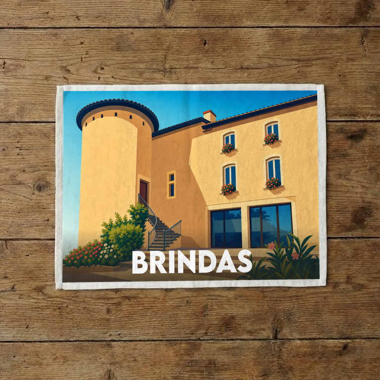 Torchon souvenir de la ville de Brindas avec une illustration stylisée de l'ancien château.