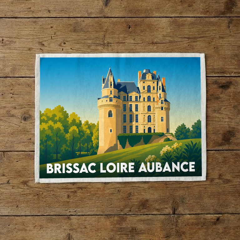 Torchon souvenir de la ville de Brissac Loire Aubance avec une illustration stylisée de son château.
