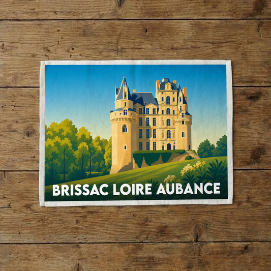 Torchon souvenir de la ville de Brissac Loire Aubance avec une illustration stylisée de son château.