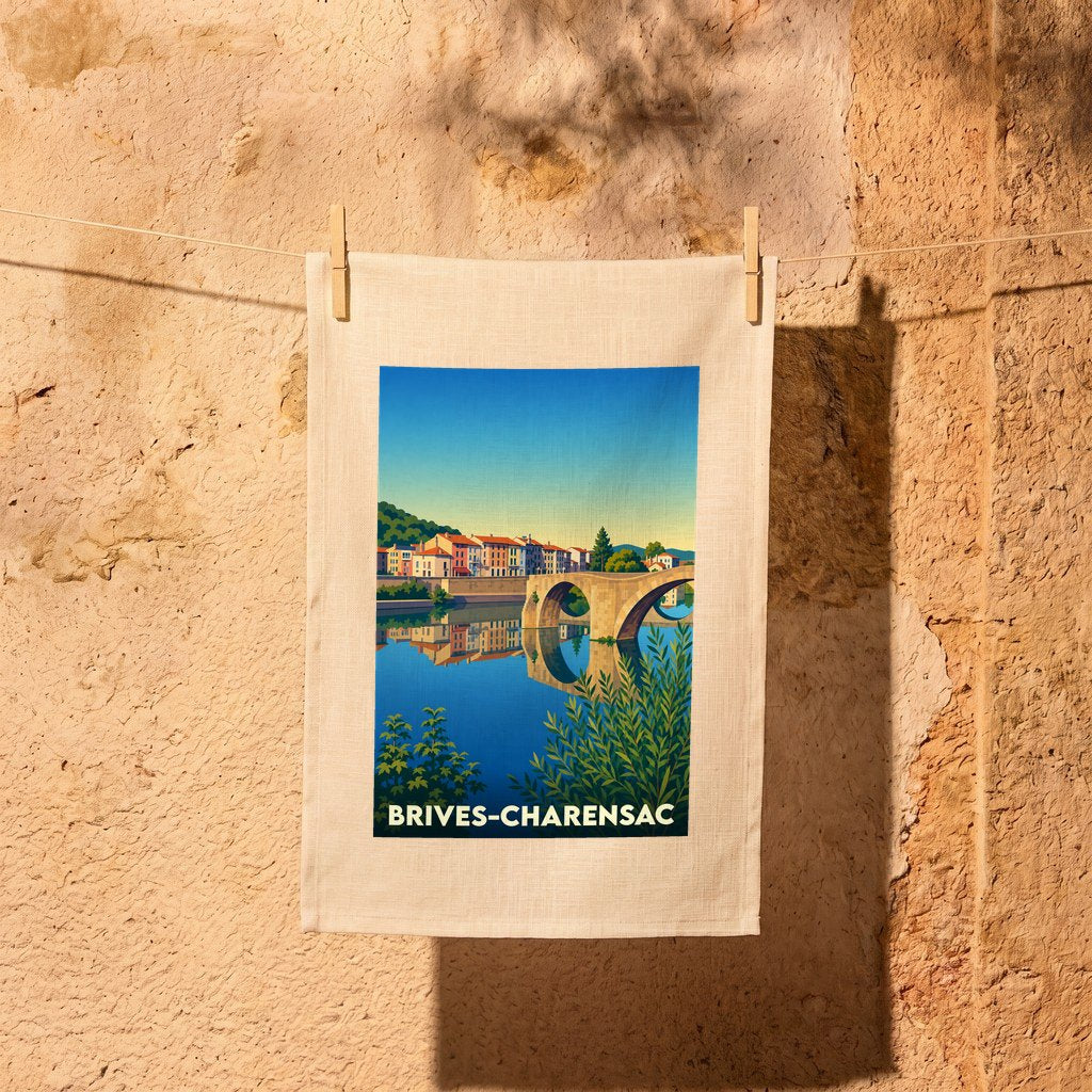Torchon souvenir de la ville de Brives-Charensac avec une illustration stylisée d'un pont en pierre.