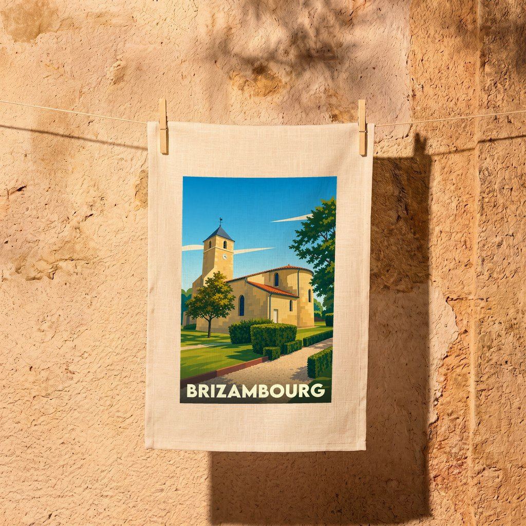 Torchon souvenir de la ville de Brizambourg avec une illustration stylisée de son église.