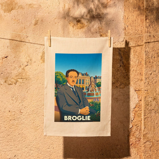 Torchon souvenir de la ville de Broglie illustré d'un portrait stylisé devant une fontaine.