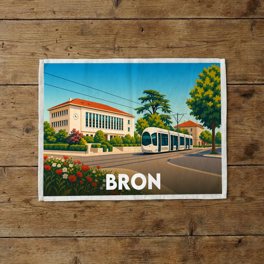 Torchon souvenir de la ville de Bron avec une illustration colorée représentant un tramway et l'hôtel de ville.