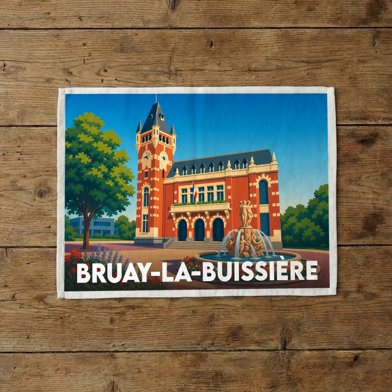 Torchon souvenir de la ville de Bruay-la-Buissière avec une illustration stylisée de son hôtel de ville.