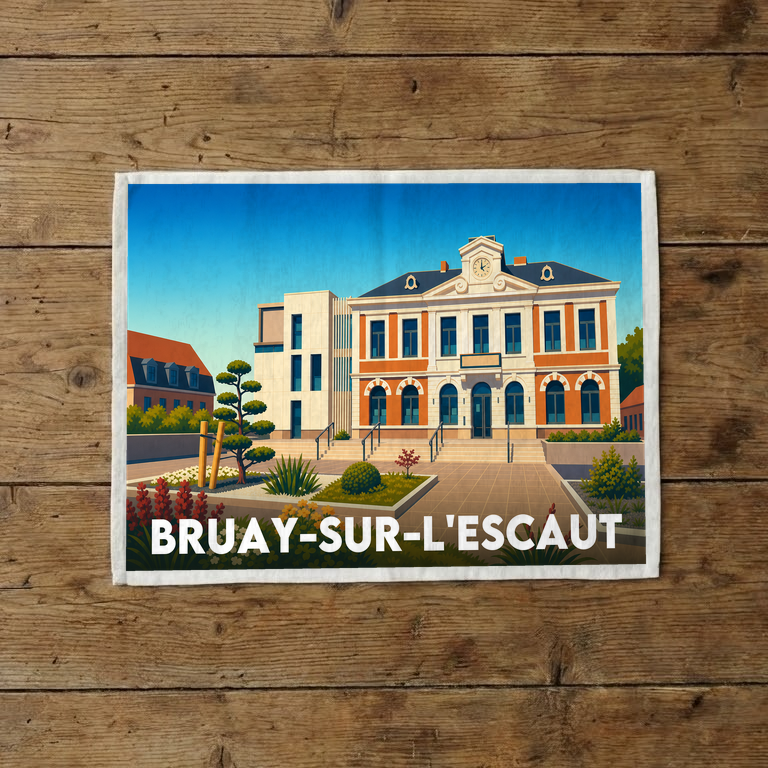 Torchon souvenir de la ville de Bruay-sur-l'Escaut avec une illustration stylisée.