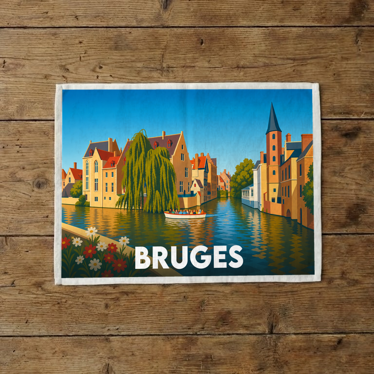 Torchon souvenir de la ville de Bruges avec une illustration stylisée de ses canaux.