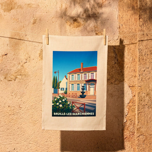 Torchon souvenir de la ville de Bruille-lez-Marchiennes avec une illustration stylisée.