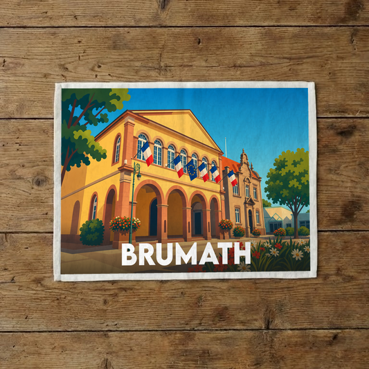 Torchon souvenir de la ville de Brumath avec une illustration stylisée de son architecture locale.