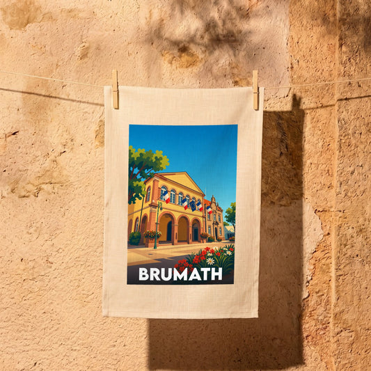 Torchon souvenir de la ville de Brumath avec une illustration stylisée de son architecture locale.