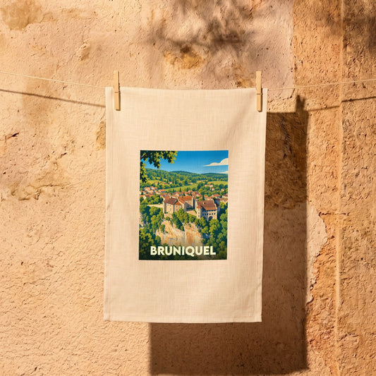 Torchon souvenir de la ville de Bruniquel illustré d'une vue stylisée du château sur sa falaise.