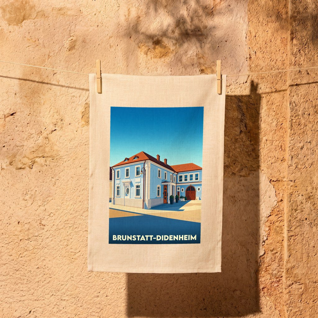 Torchon souvenir de la ville de Brunstatt-Didenheim avec une illustration stylisée.