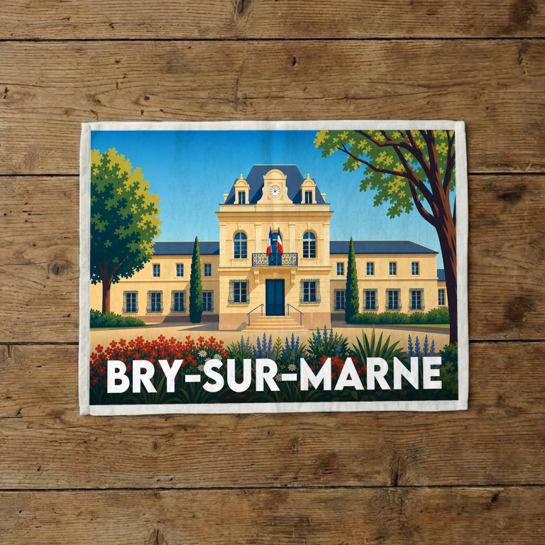 Torchon souvenir de la ville de Bry-sur-Marne avec une illustration stylisée.