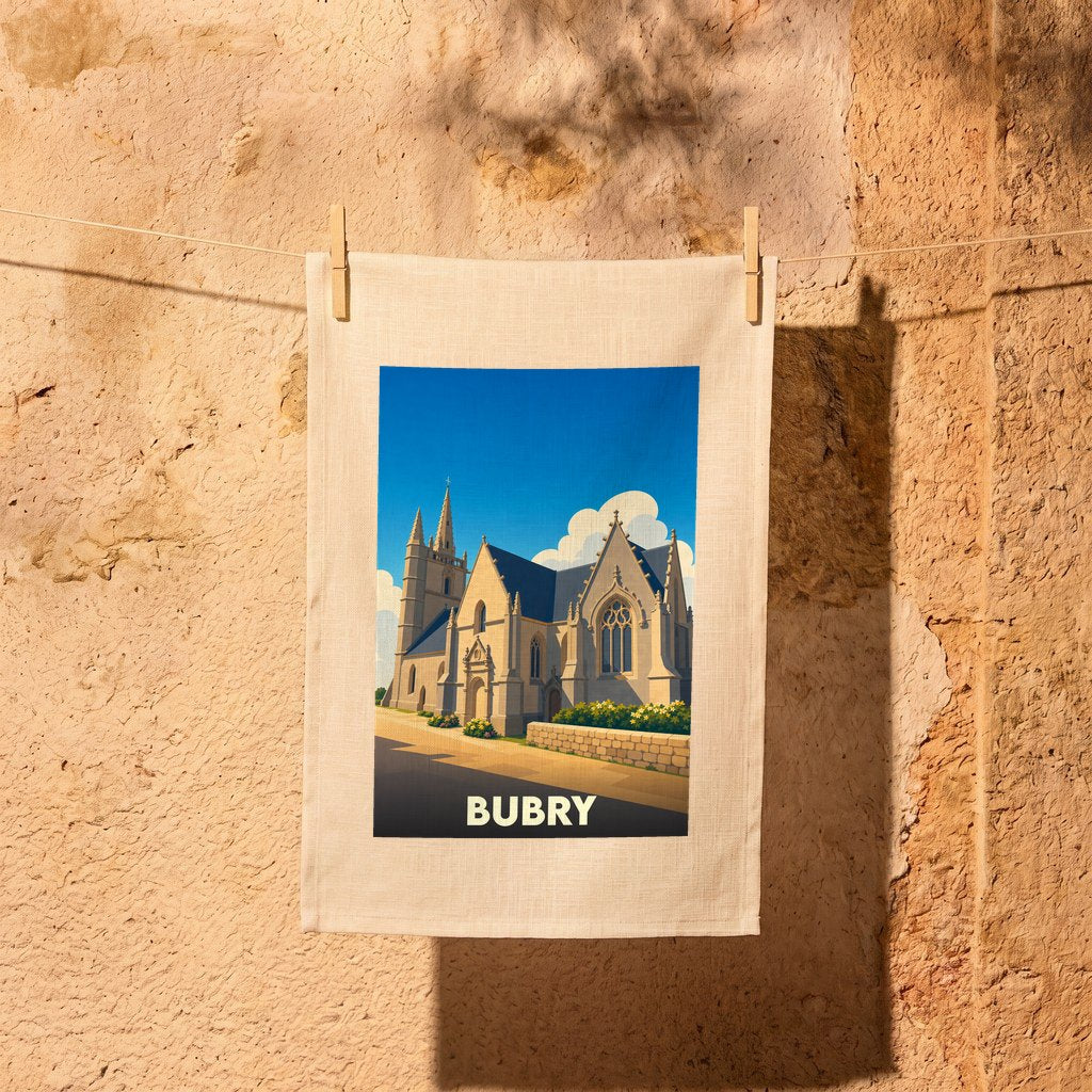 Torchon souvenir de la ville de Bubry illustré d'un dessin stylisé de son église sous un ciel bleu.