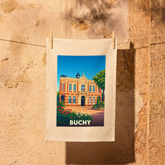 Torchon souvenir de la ville de Buchy avec une illustration stylisée de son hôtel de ville.