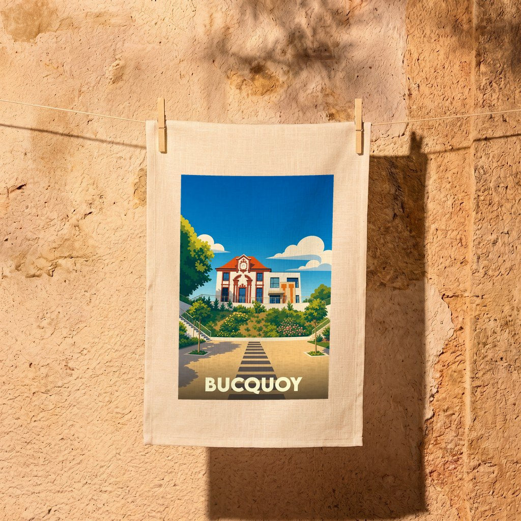 Torchon souvenir de la ville de Bucquoy avec une illustration stylisée et colorée.