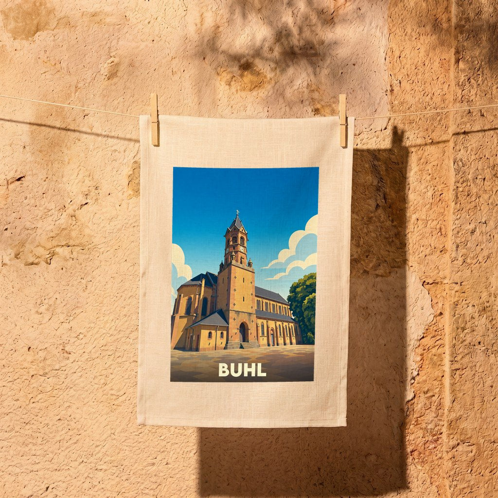 Torchon souvenir de la ville de Buhl avec une illustration stylisée de son église.