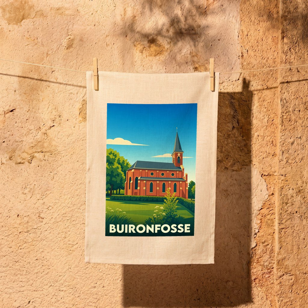 Torchon souvenir de la ville de Buironfosse avec une illustration stylisée de son église.