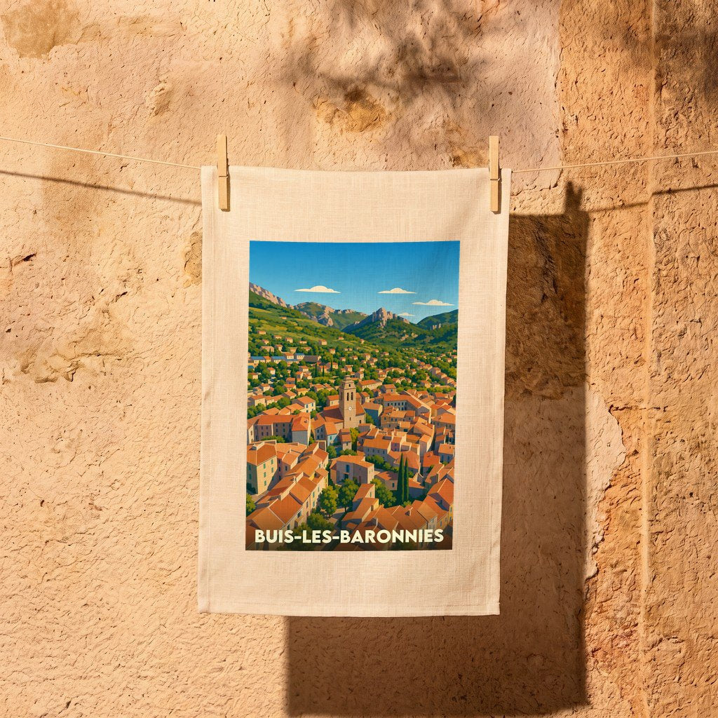 Torchon souvenir de la ville de Buis-les-Baronnies avec une illustration stylisée d'un village provençal.