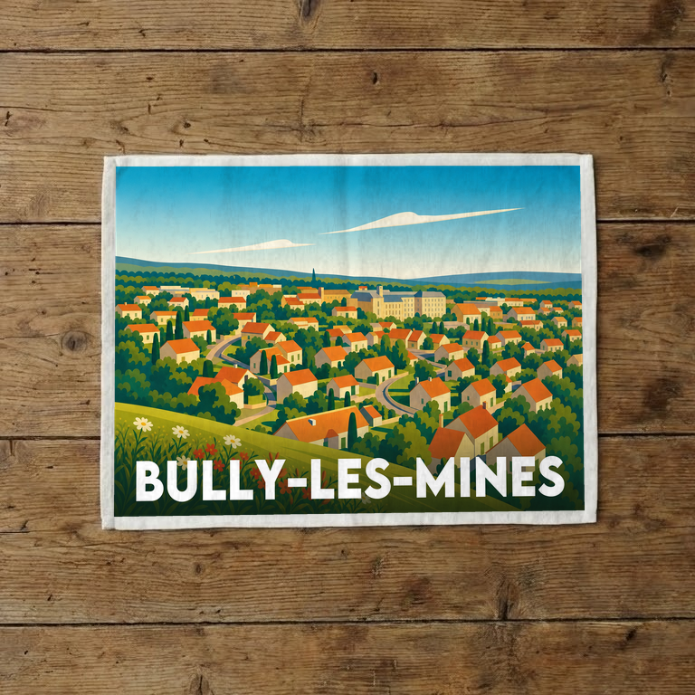 Torchon souvenir de la ville de Bully-les-Mines avec une illustration de paysage urbain coloré.