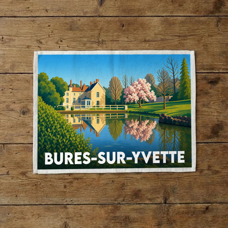 Torchon souvenir de la ville de Bures-sur-Yvette illustré d'un paysage de parc avec un manoir se reflétant dans l'eau.