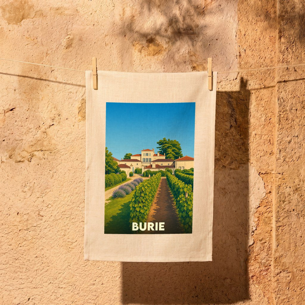 Torchon souvenir de la ville de Burie avec une illustration stylisée d'un domaine viticole.
