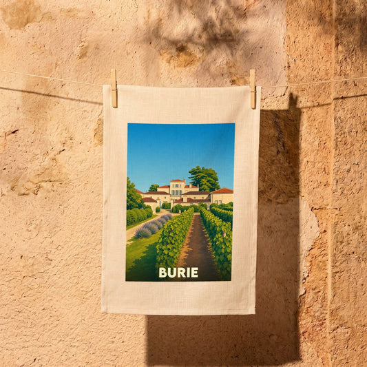 Torchon souvenir de la ville de Burie avec une illustration stylisée d'un domaine viticole.
