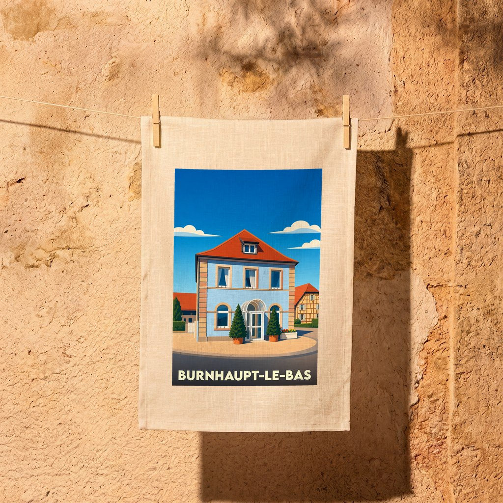 Torchon souvenir de la ville de Burnhaupt-le-Bas avec une illustration stylisée d'un bâtiment bleu sous un ciel ensoleillé.