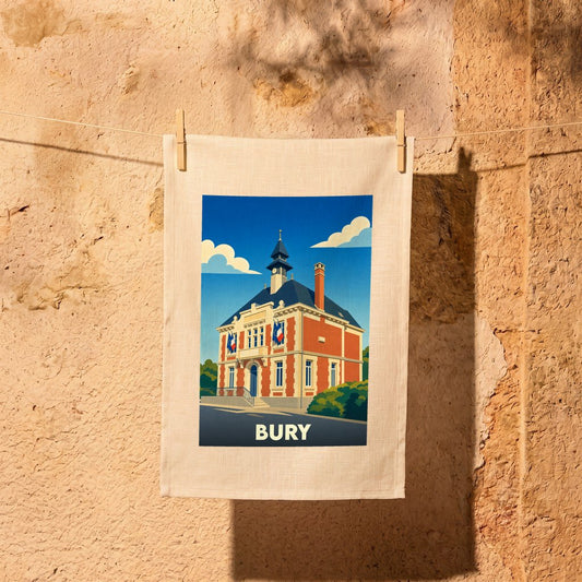 Torchon souvenir de la ville de Bury avec une illustration stylisée de sa mairie.
