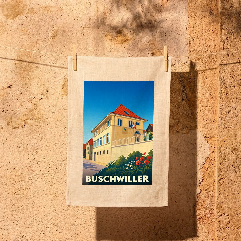 Torchon souvenir de la ville de Buschwiller avec une illustration stylisée d'un bâtiment emblématique.
