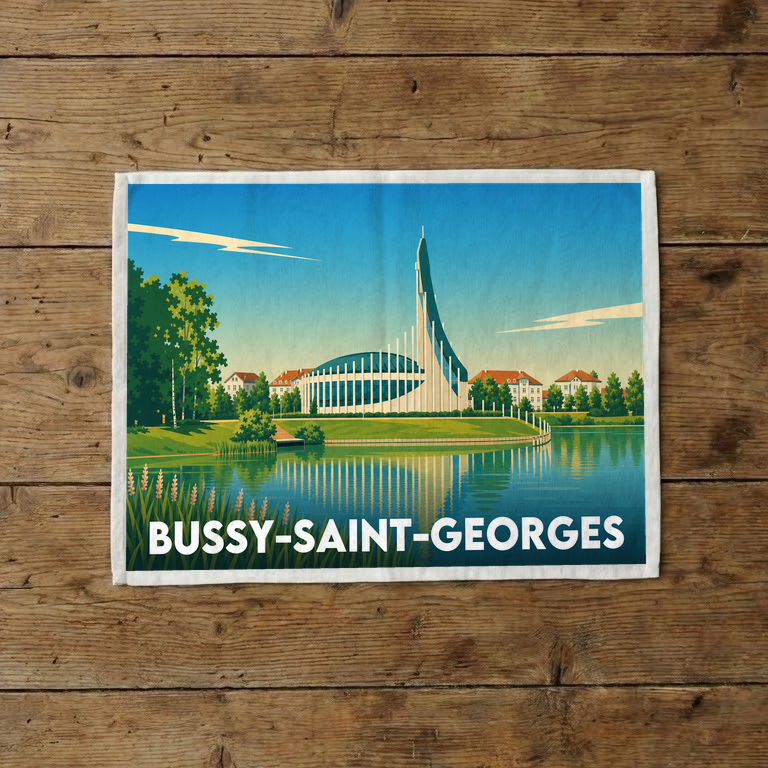 Torchon souvenir de la ville de Bussy-Saint-Georges avec une illustration stylisée de son architecture moderne au bord de l'eau.