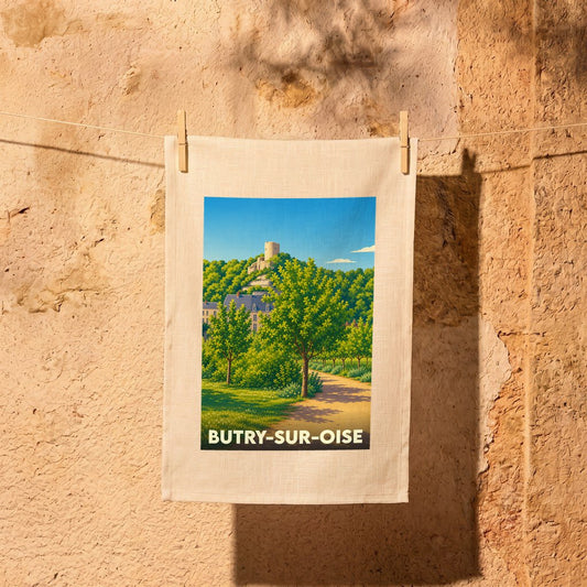 Torchon souvenir de la ville de Butry-sur-Oise avec une illustration stylisée et colorée.